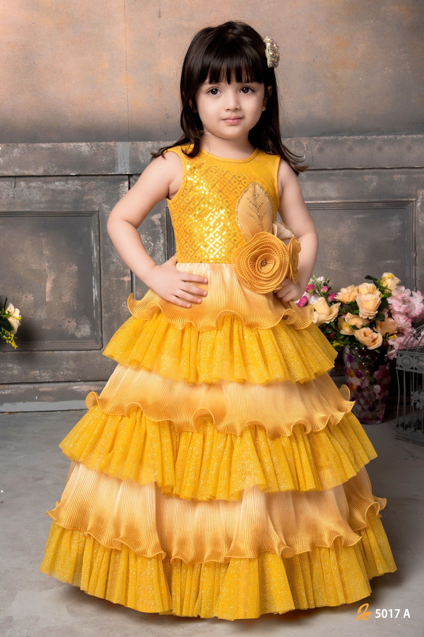 open lace back dress Golden Yellow Ruffle Gown for Girls – Sparkling Party Dress – Inayah Fashion