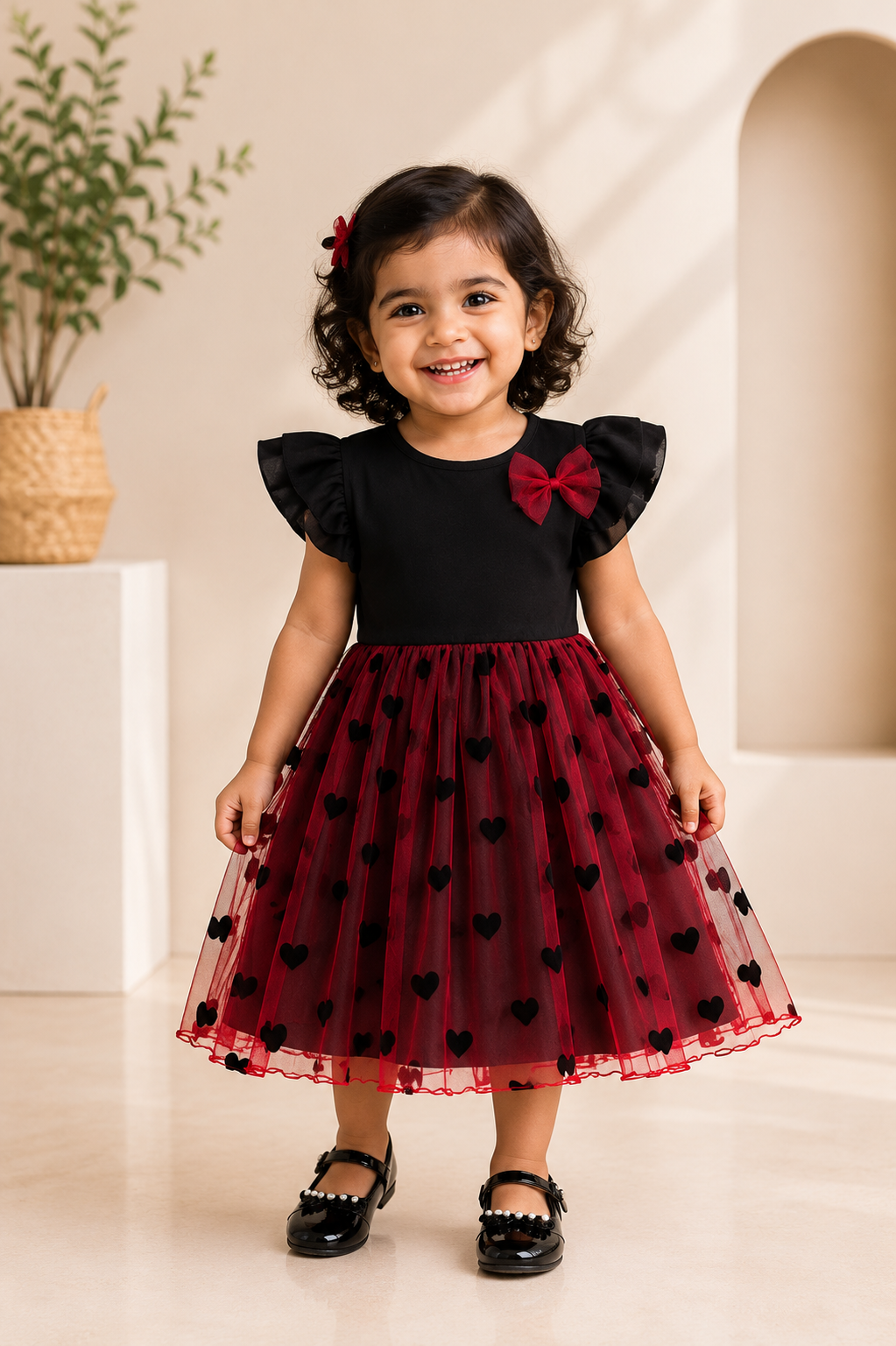 black dress with red hearts Heart Mesh Dress for Girls