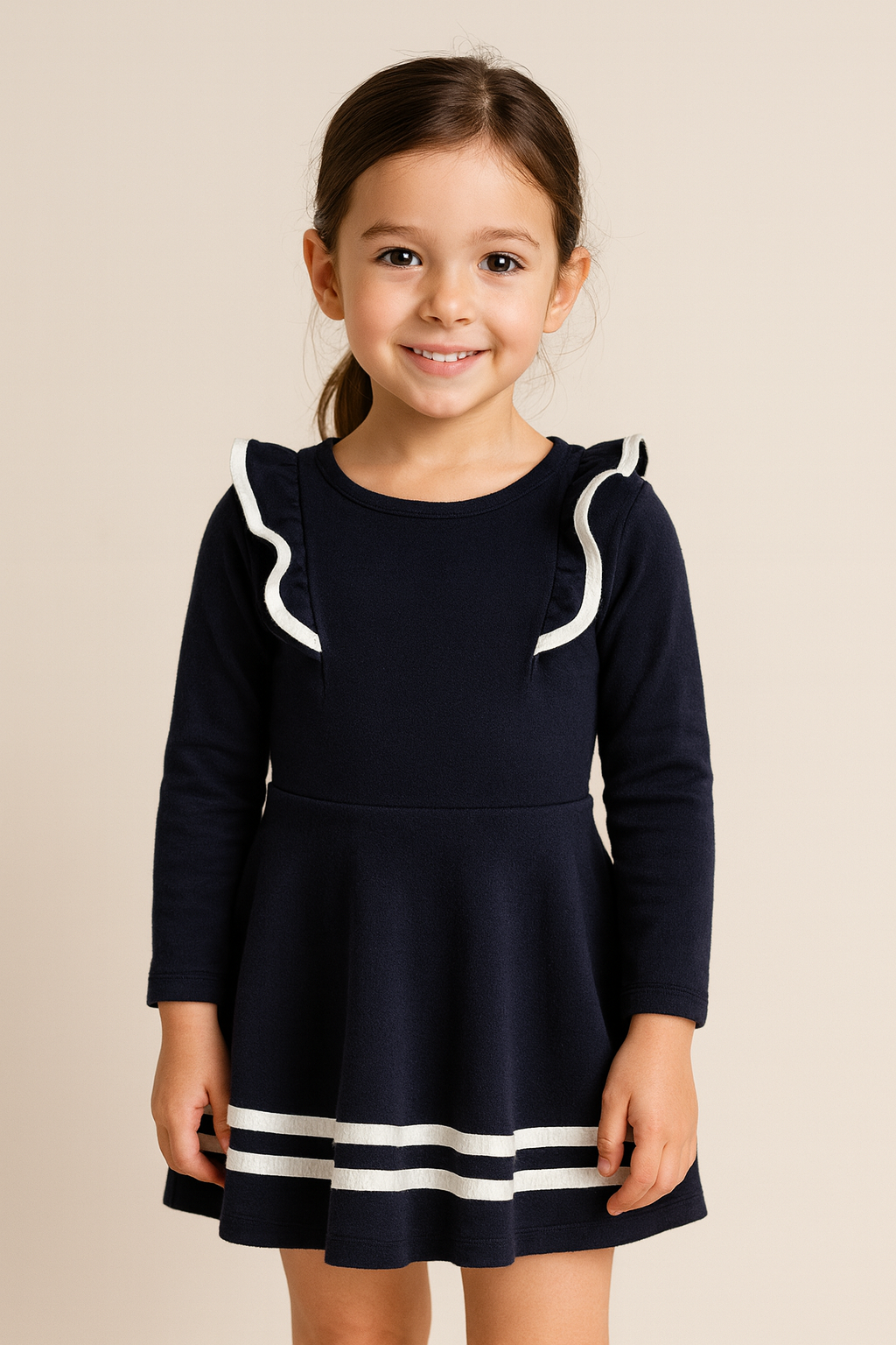 Navy Blue Knit Dress for Girls with White Trim Winter Casual Wear Inayah Fashion Navy Blue Knit Dress for Girls with White Trim Winter Casual Wear Inayah Fashion