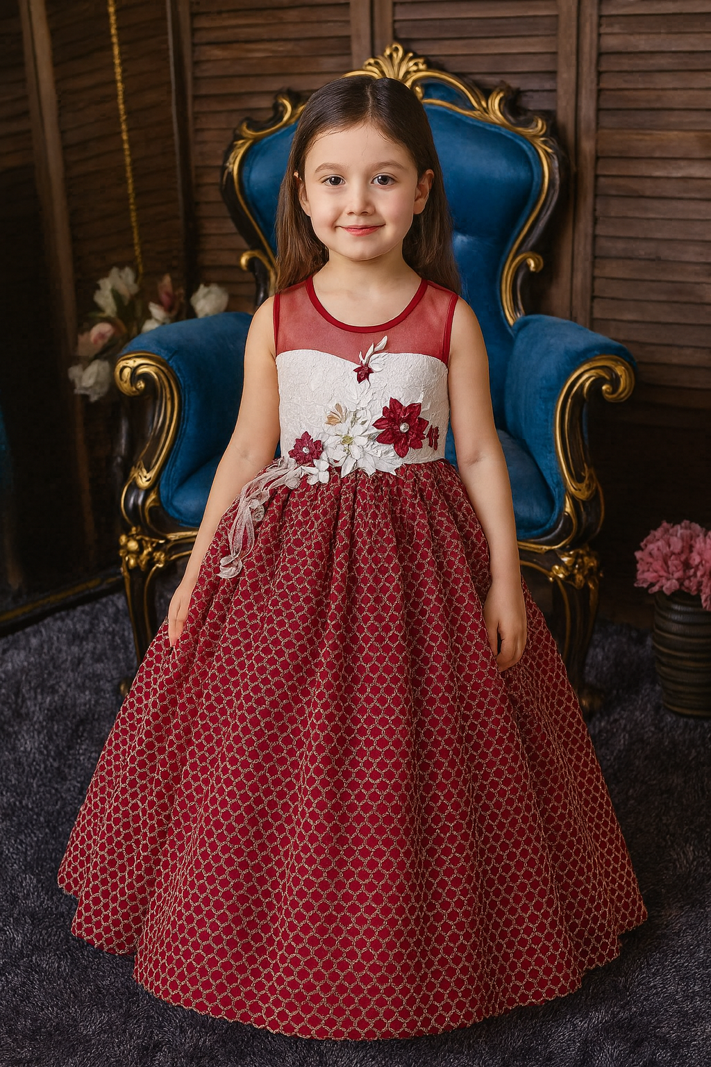 Elegant Burgundy Floral Lace Party Gown for Girls – Inayah Fashion
