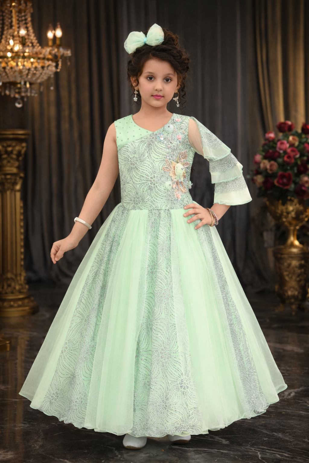 Stylish Mint Green Gown for Girls with One-Shoulder Sleeve & Glitter –  Inayah Fashion