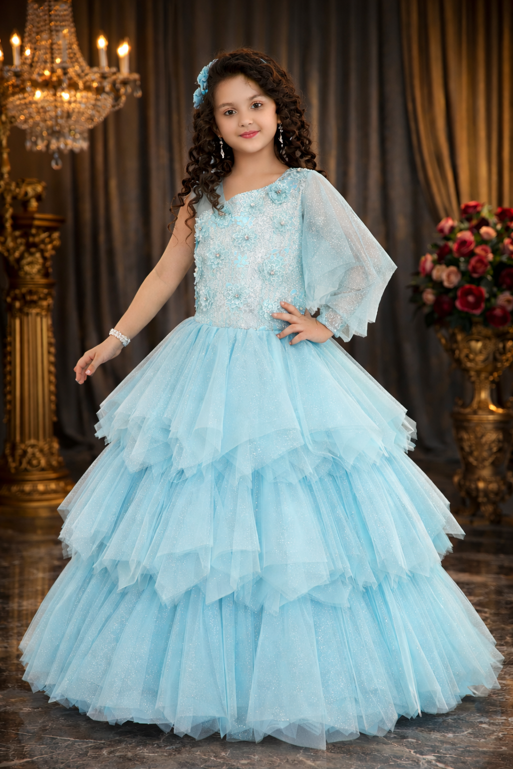 Sky Blue Layered Gown for Girls with Cape – Party Wear Dress – Inayah  Fashion