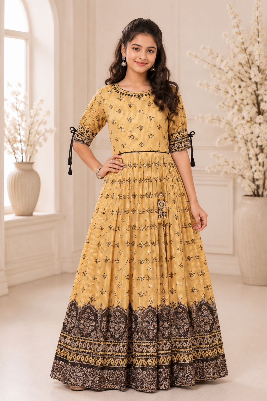 mustard yellow and black dress Traditional Mustard Yellow Anarkali Dress for Girls with Prints – Inayah  Fashion