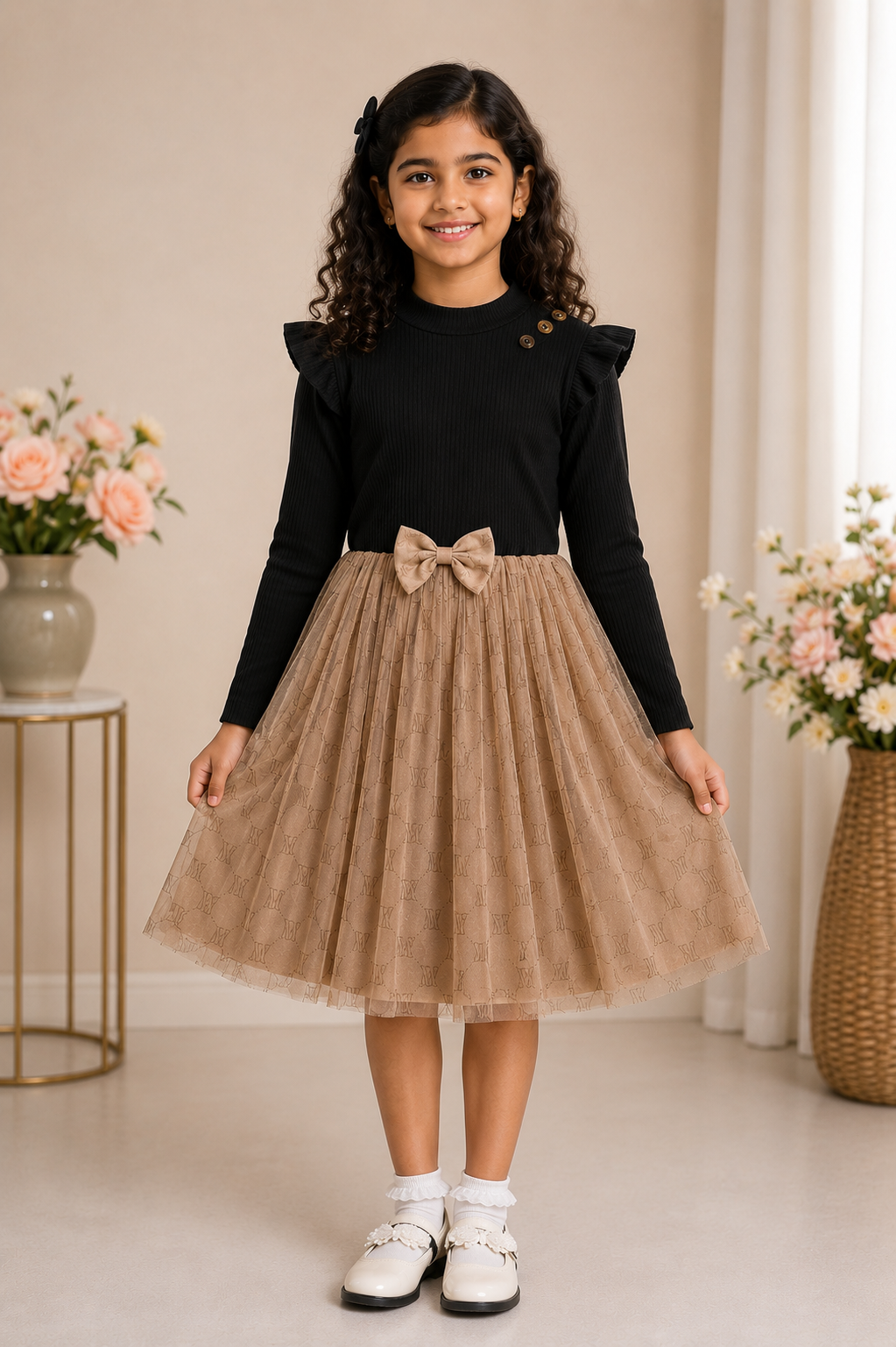 dark brown baby girl dress Maline V-neck Satin Guest Dress