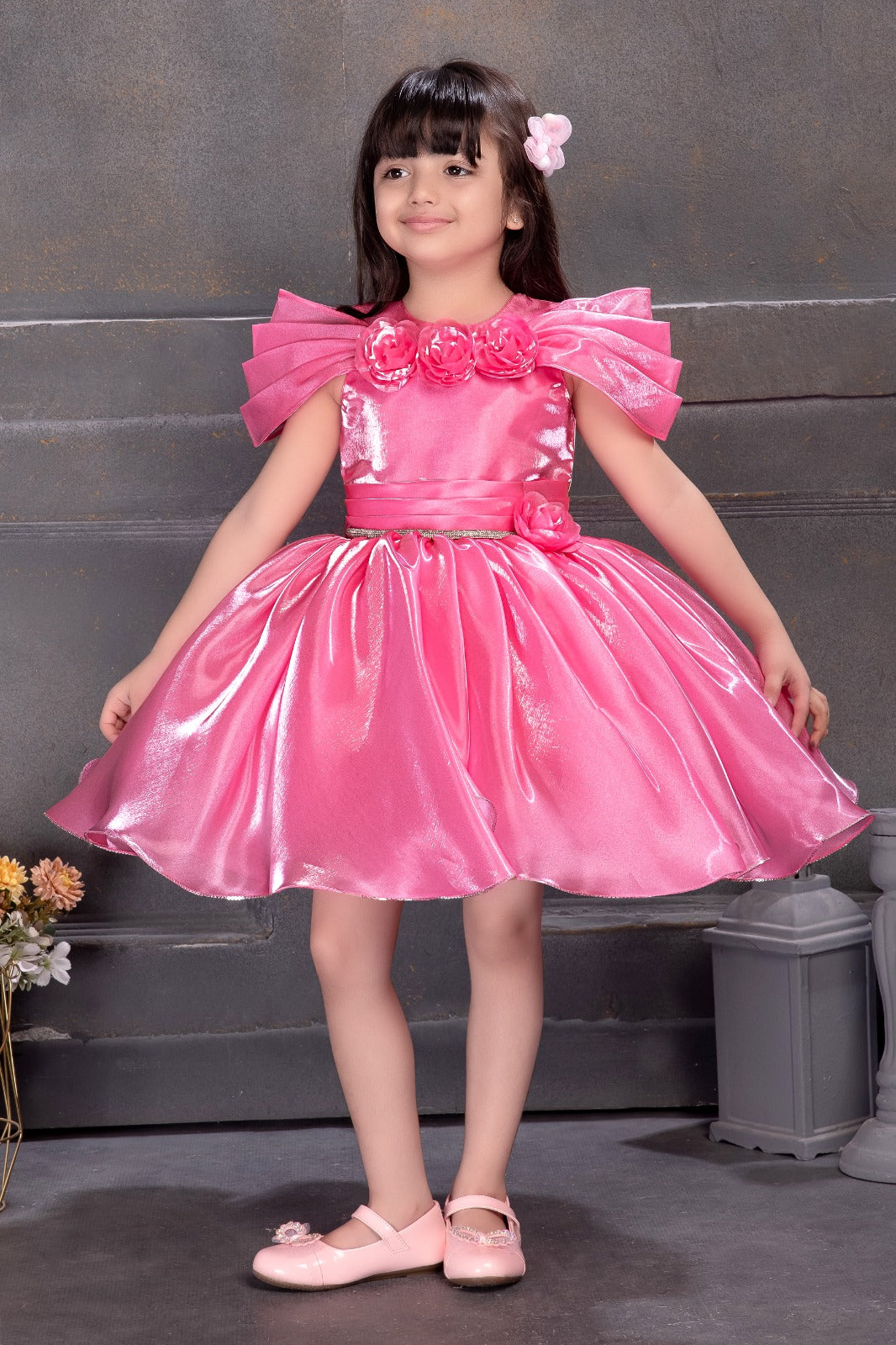 Radiant Rose Pink Party Frock for Girls with Dramatic Pleated Sleeves & Floral Yoke Satin Finish Birthday Dress Radiant Rose Pink Party Frock for Girls with Dramatic Pleated Sleeves & Floral Yoke Satin Finish Birthday Dress