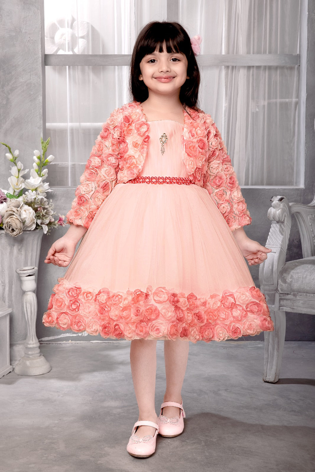 Rosy Blush Tulle Party Dress with Peach 3D Flower Jacket – For Baby Girls