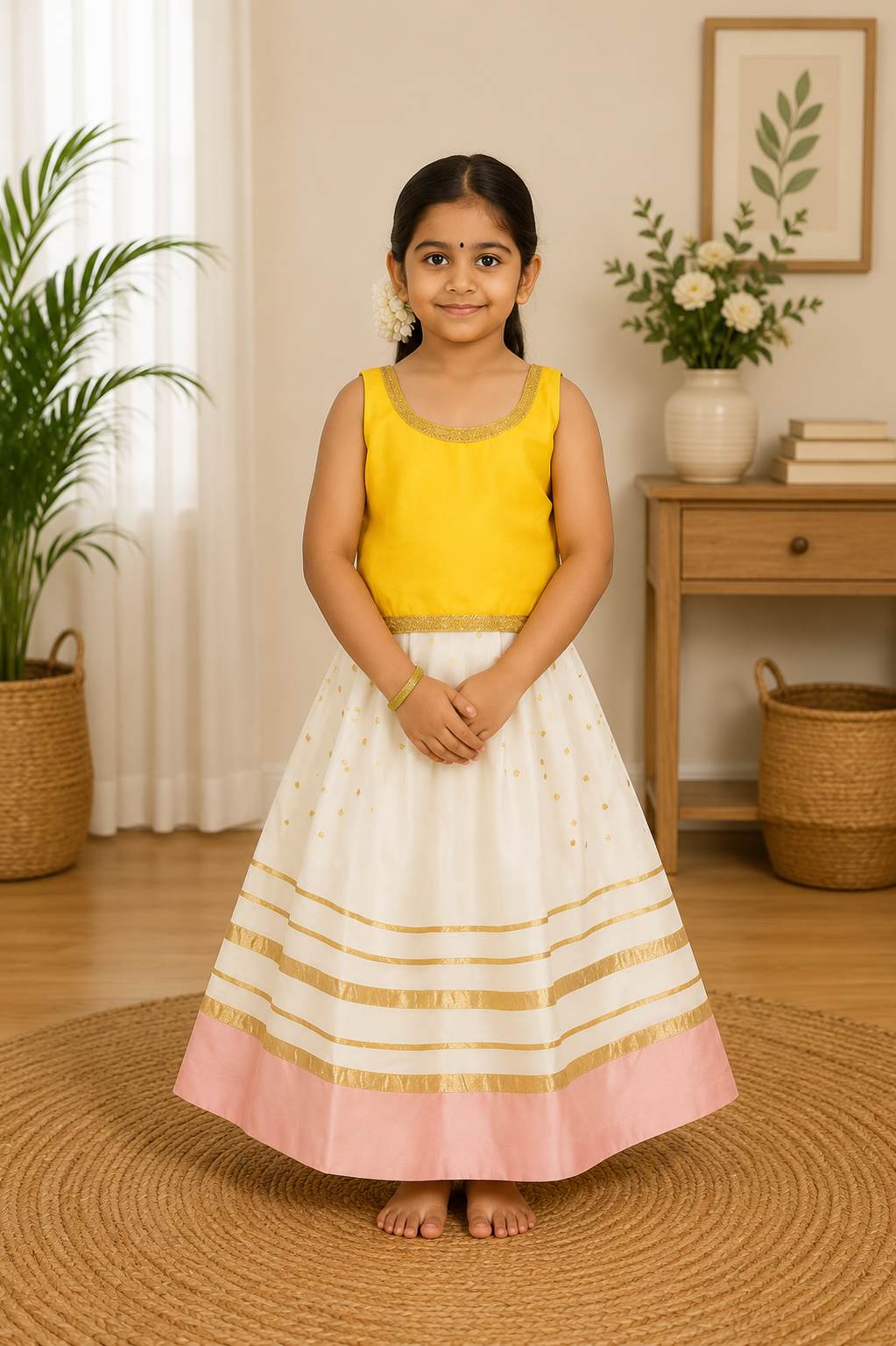 Charming Yellow and White Traditional Gown for Girls – Sleeveless Gold –  Inayah Fashion
