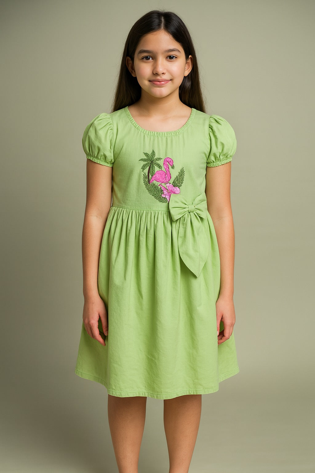 Girls Green Flamingo Embroidered Cotton Dress with Side Bow-frocks for girls Girls Green Flamingo Embroidered Cotton Dress with Side Bow-frocks for girls