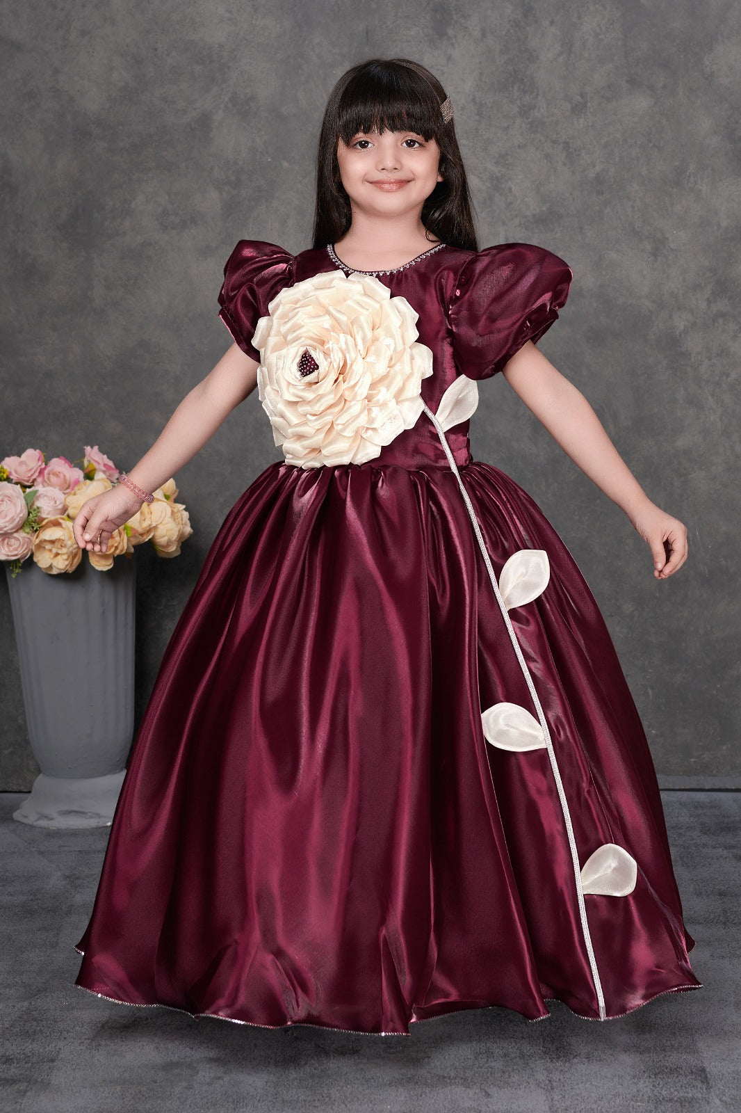 Burgundy Satin Gown for Girls with Oversized Ivory Flower Party Wear Inayah Fashion Burgundy Satin Gown for Girls with Oversized Ivory Flower Party Wear Inayah Fashion