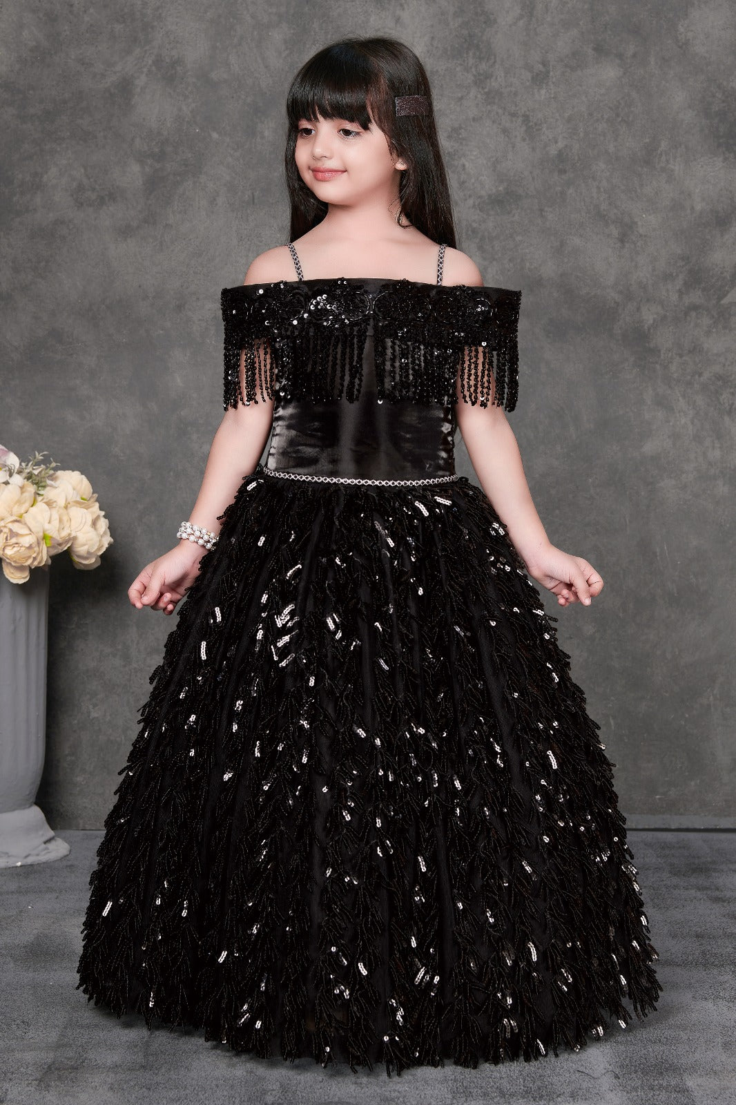 Black Sequin Off-Shoulder Party Wear Gown for Girls | Luxury Kids Dress Black Sequin Off-Shoulder Party Wear Gown for Girls | Luxury Kids Dress