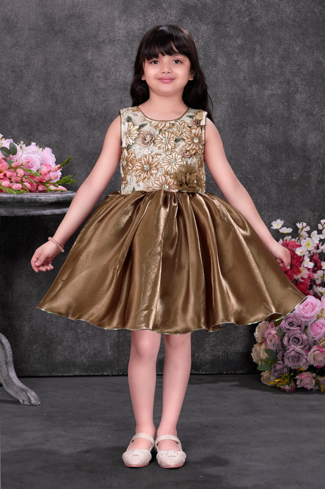 slim fit dress slacks Golden Brown Embroidered Party Dress for Girls