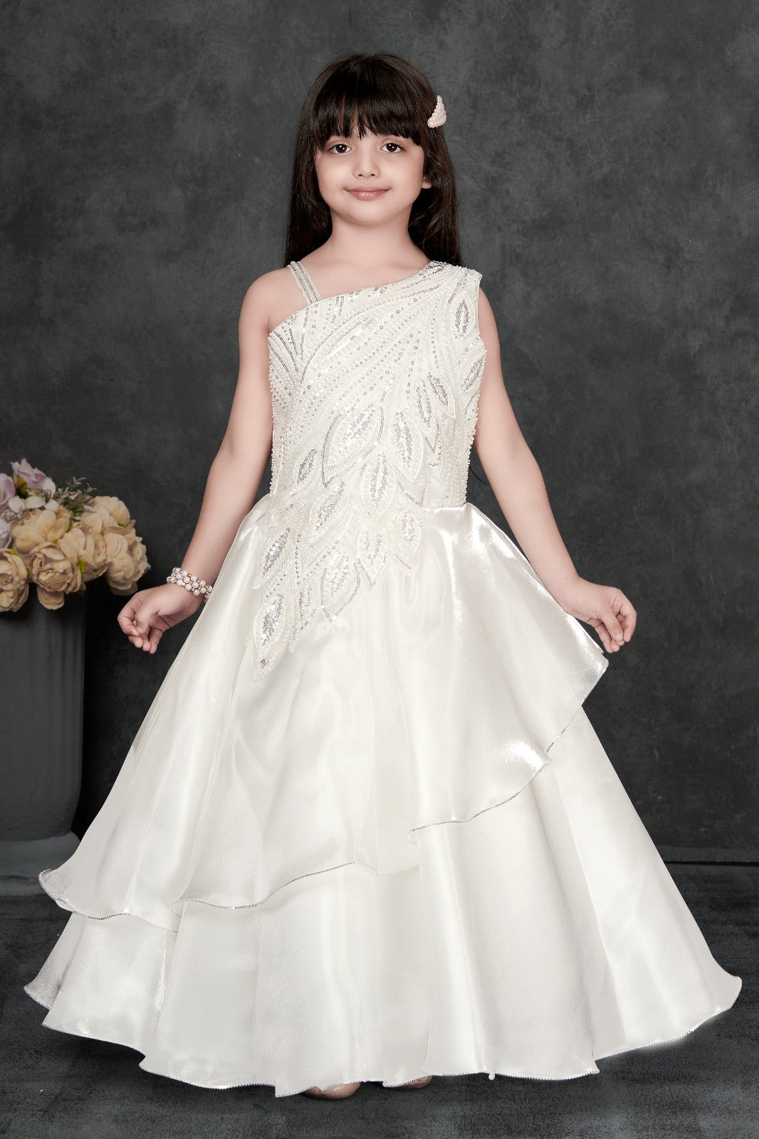 Pearl White One-Shoulder Party Wear Gown for Girls