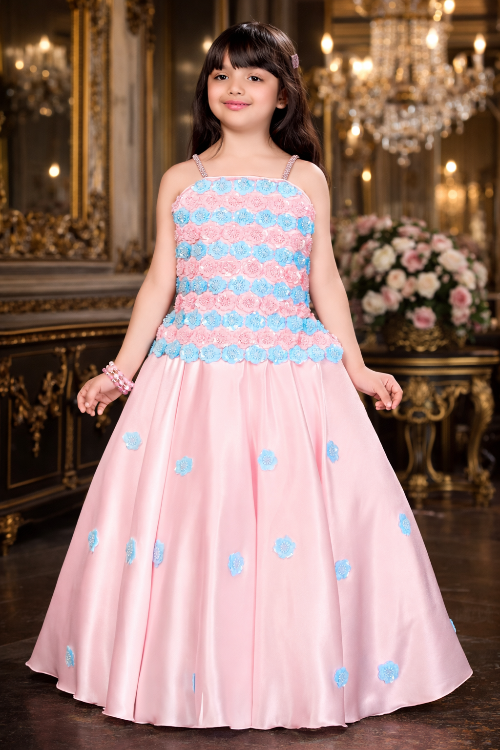 strapless open back dress Elegant Pink & Blue Floral Embellished Girls Party Gown-Luxury kids dr –  Inayah Fashion