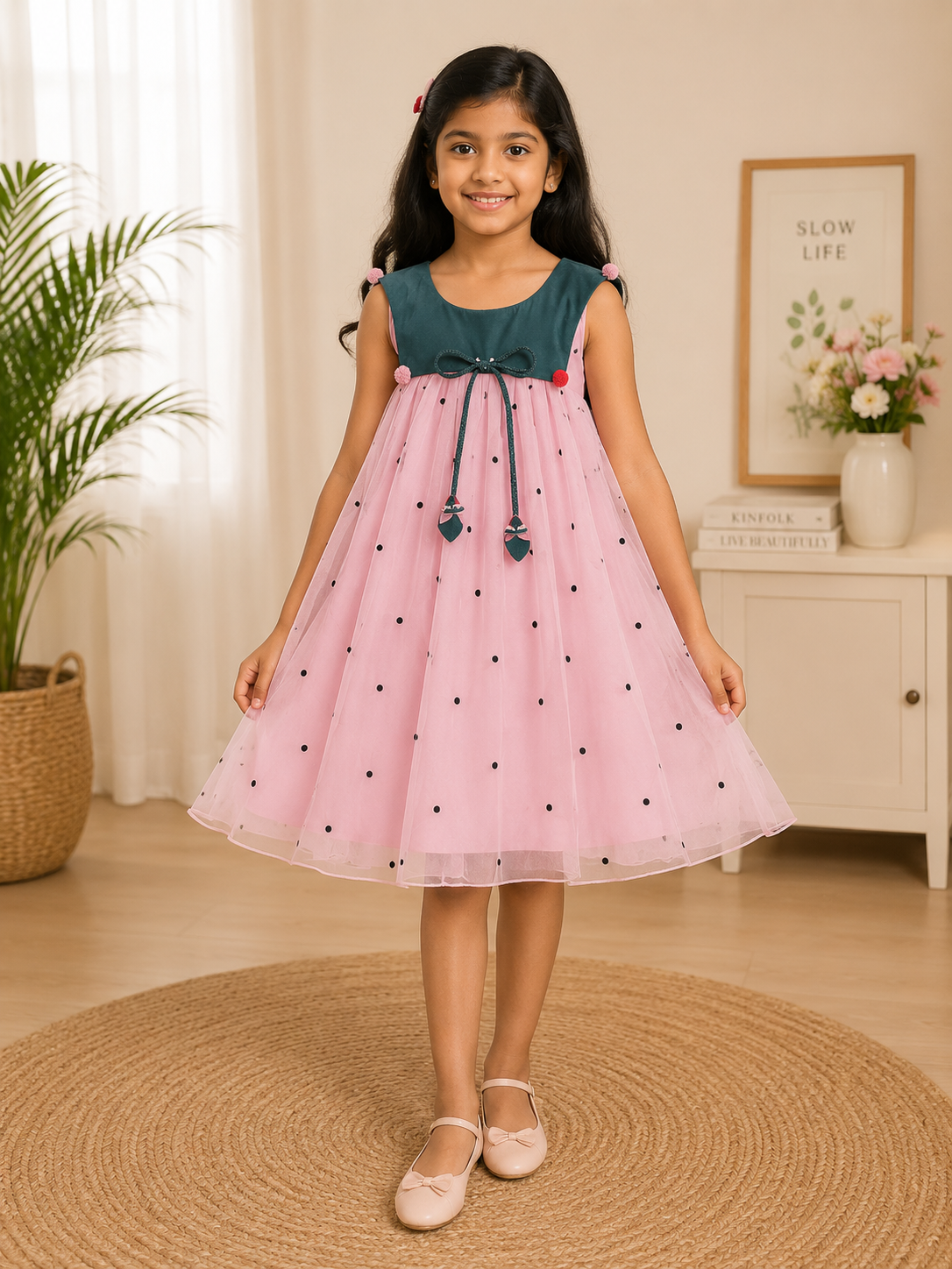 Pink Net Frock for Girls with Polka Dots and Green Collar Design  Inayah  Fashion