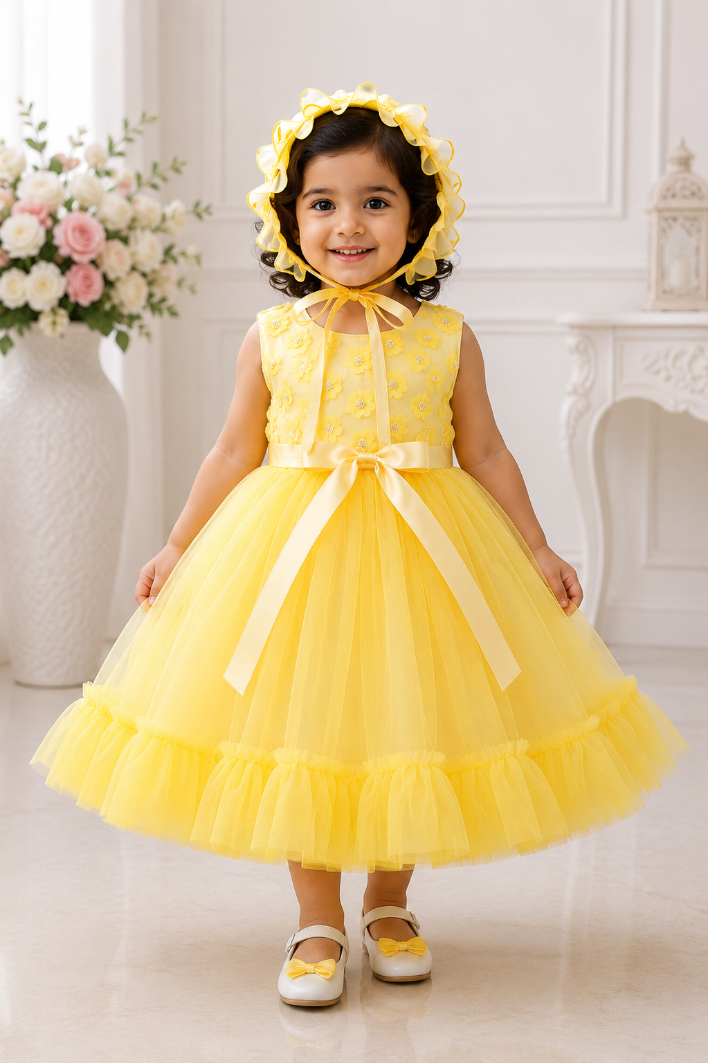 yellow baby dress Buy Sunshine Yellow Baby Frock with Floral Work & Bonnet Online in India –  Inayah Fashion