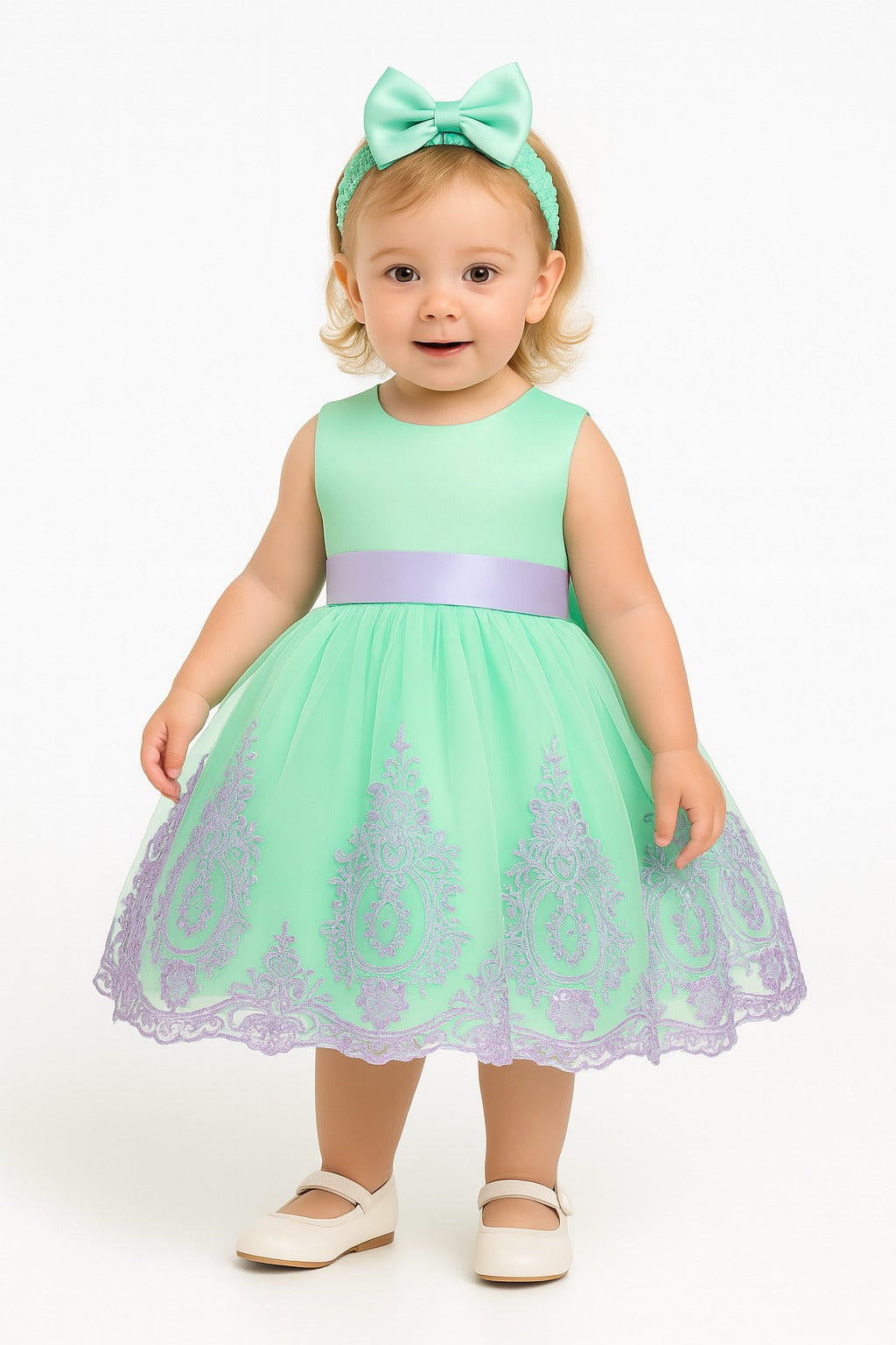 Mint Green Baby Girl Dress with Lavender Lace and Bow – Elegant Wear –  Inayah Fashion