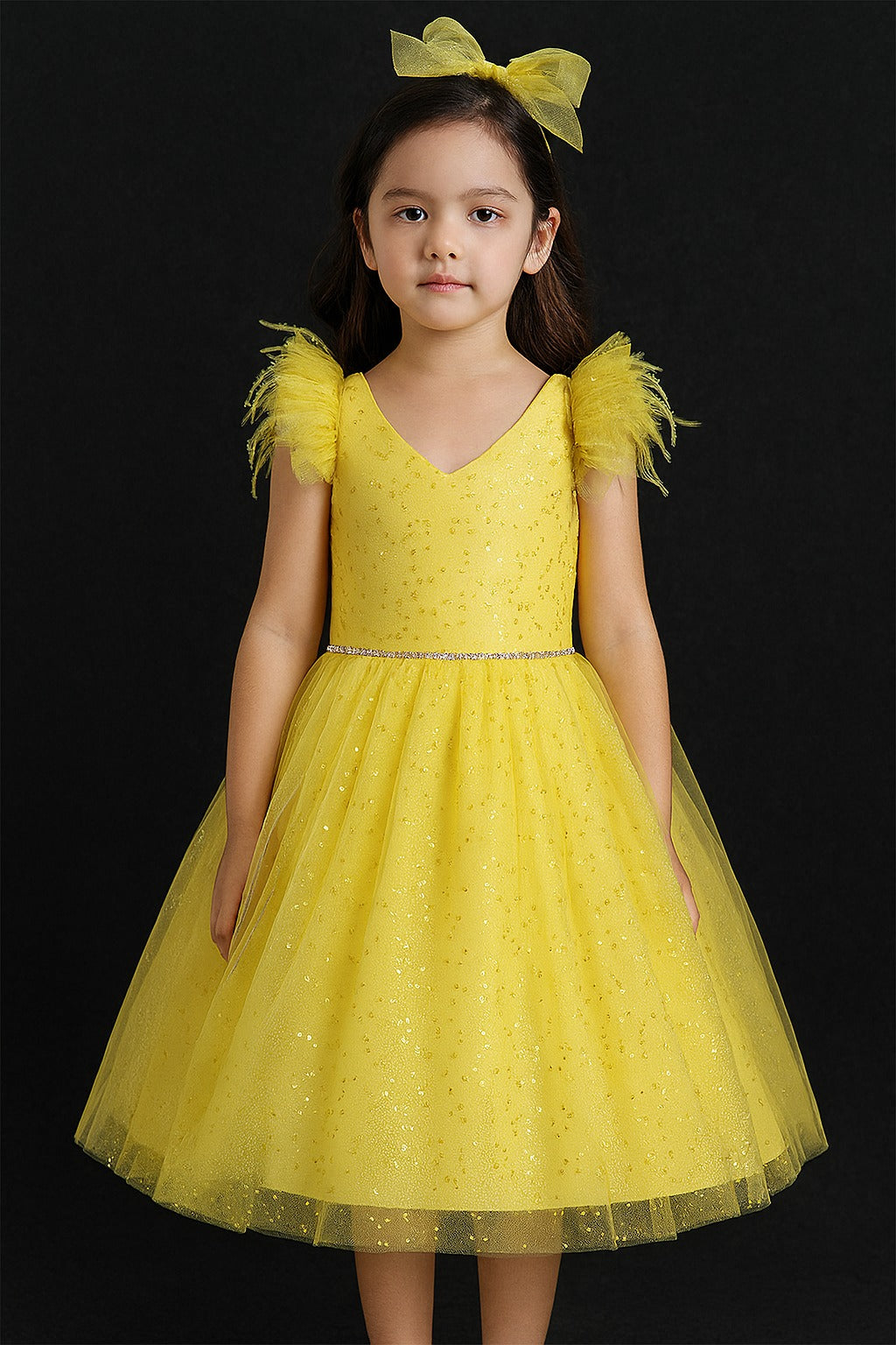 Yellow Sequin Party Dress for Girls Feather Sleeve Birthday Frock Inayah Fashion Yellow Sequin Party Dress for Girls Feather Sleeve Birthday Frock Inayah Fashion