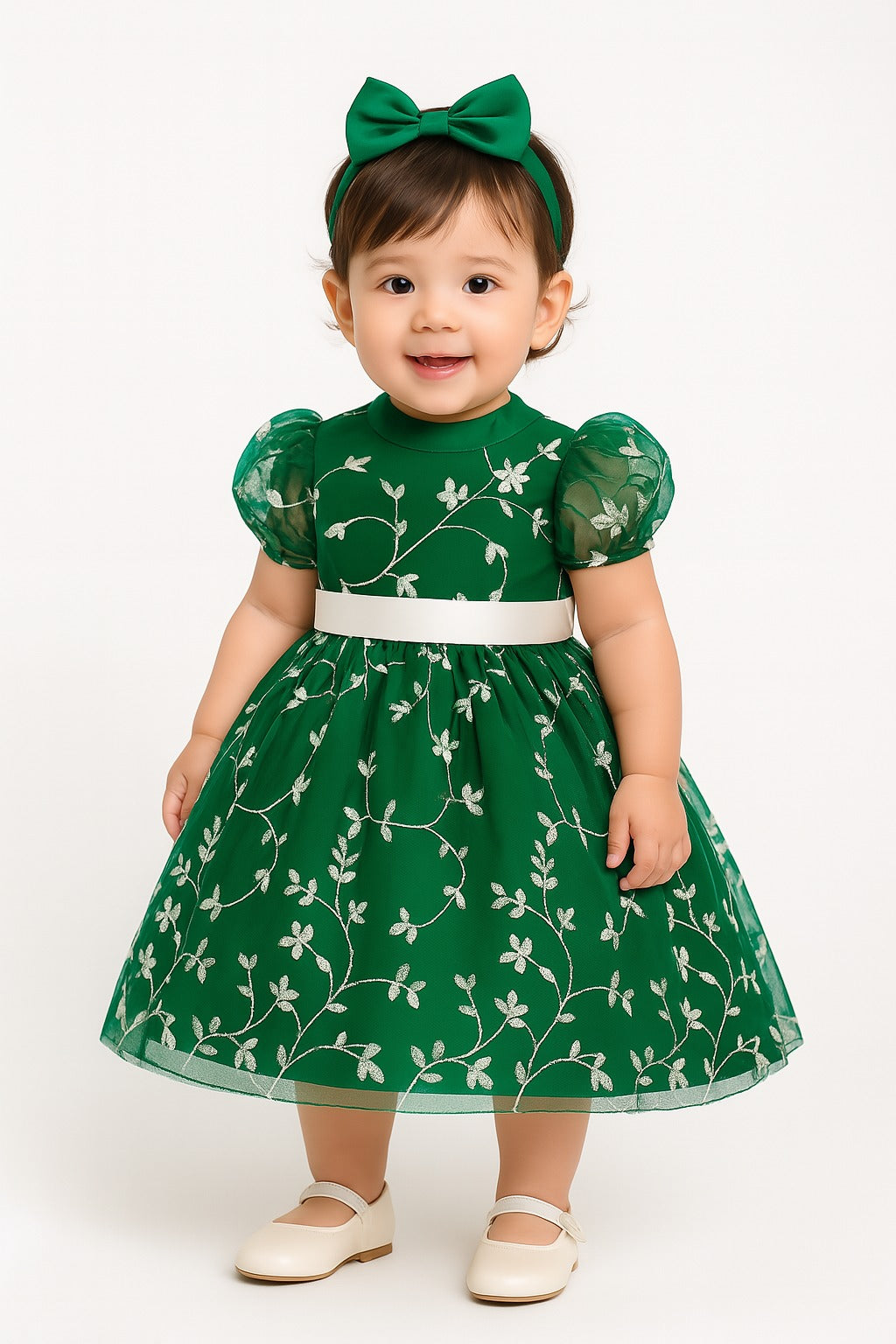 Emerald Elegance Embroidered Puff Sleeve Party Frock for Baby Girls Inayah Fashion Emerald Elegance Embroidered Puff Sleeve Party Frock for Baby Girls Inayah Fashion