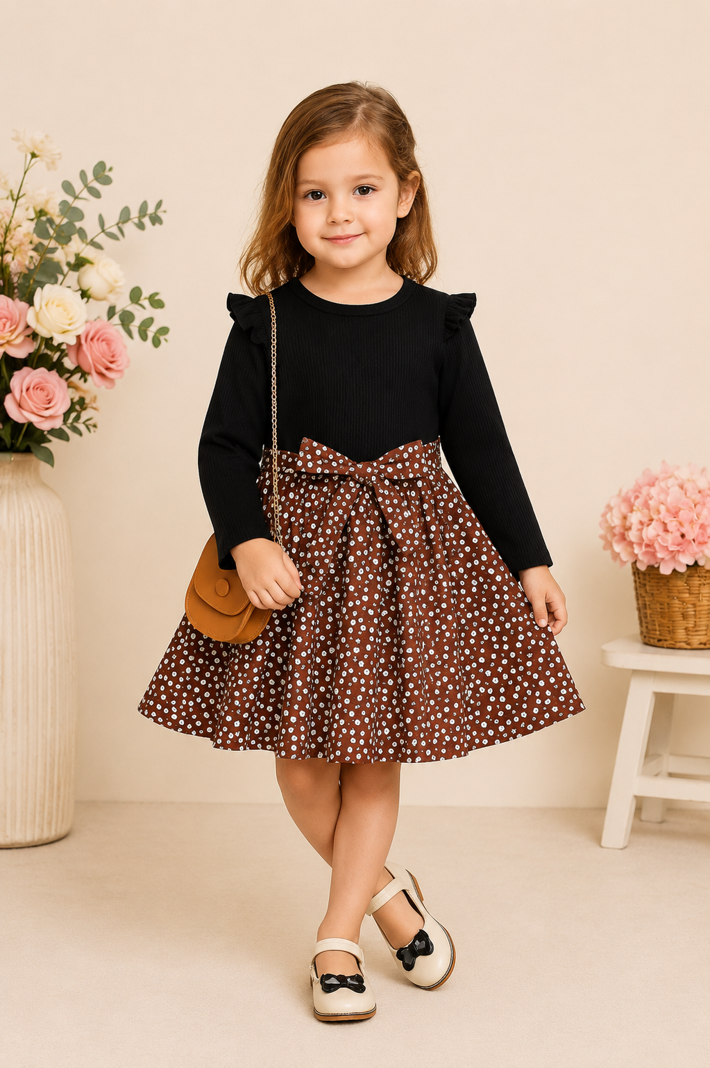 girls brown floral dress Omnis Pura Girl Natural Balloon Arm Linen Classic Design Dress main image 0