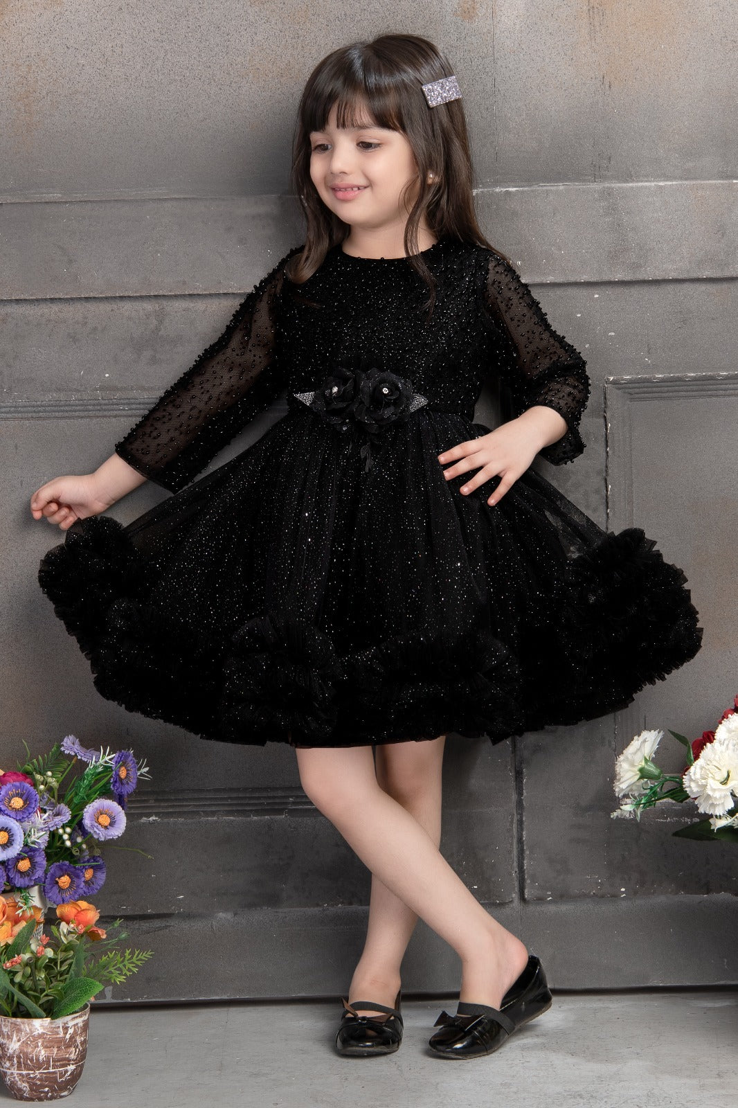 strapless open back dress Black Glitter Party Dress for Girls with Full Sleeves and Flowers – Inayah  Fashion