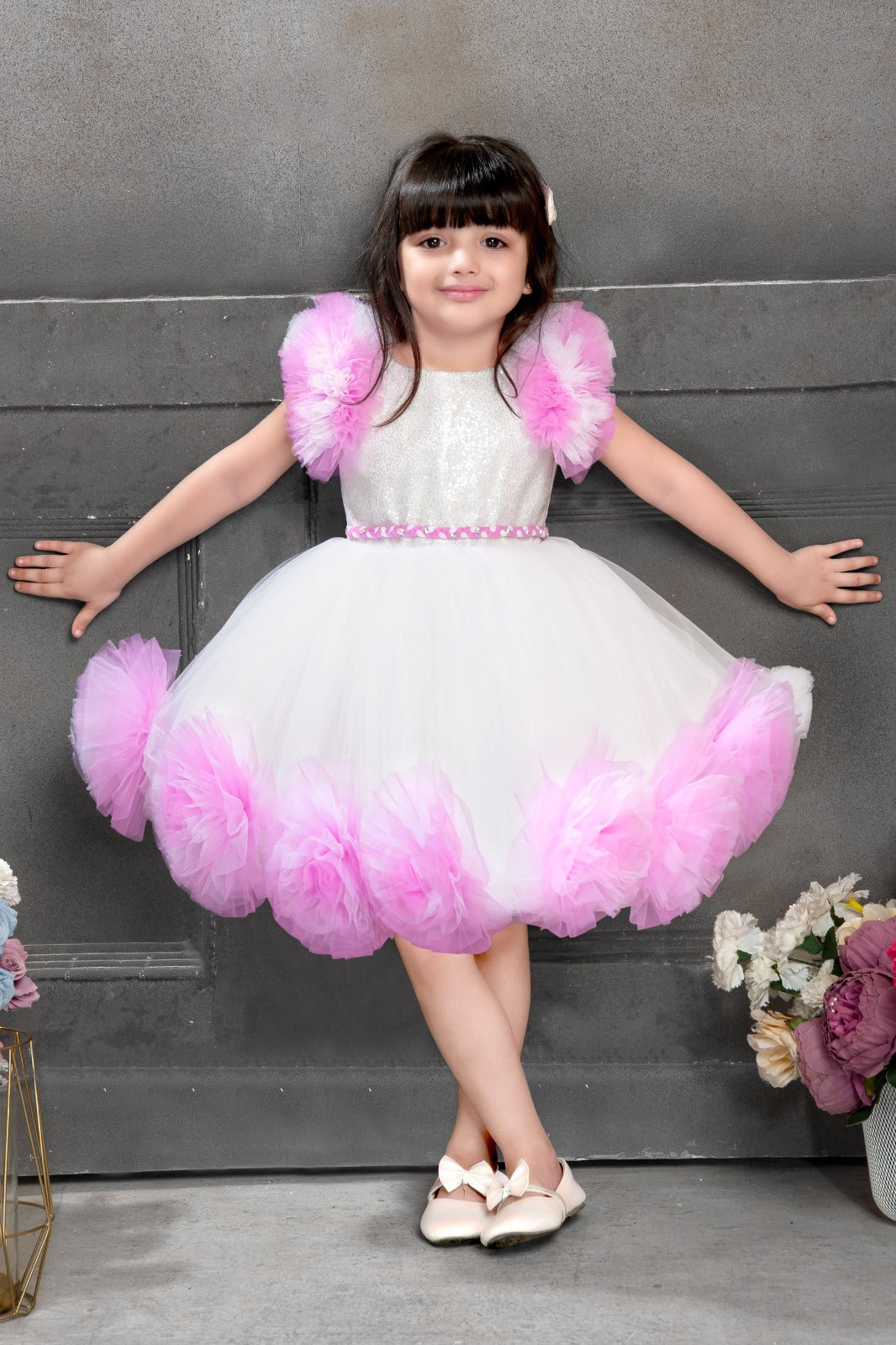 slim fit dress slacks White Party Frock for Girls with Pink Puffy Flowers and Sequins – Inayah  Fashion