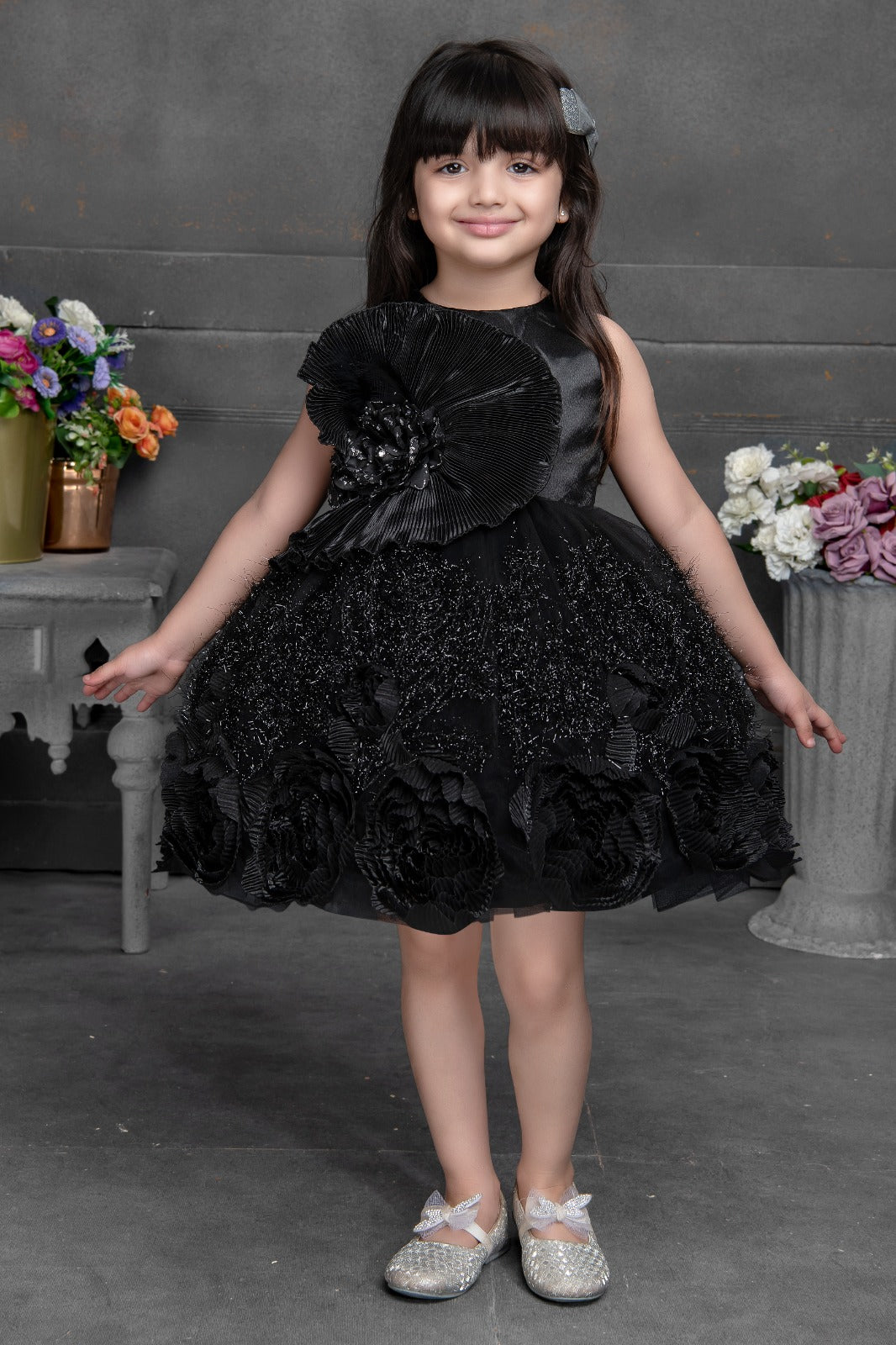 Black Designer Party Dress for Girls – 3D Floral Short Frock – Inayah  Fashion