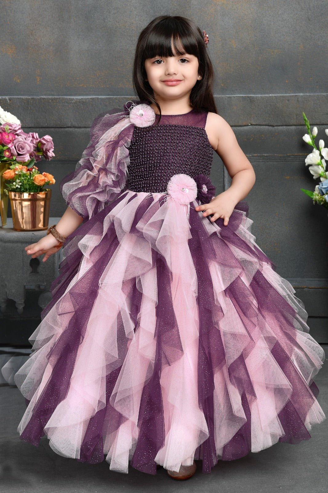 Purple & Pink Layered Ruffle Gown for Girls – Princess Party Dress – Inayah  Fashion