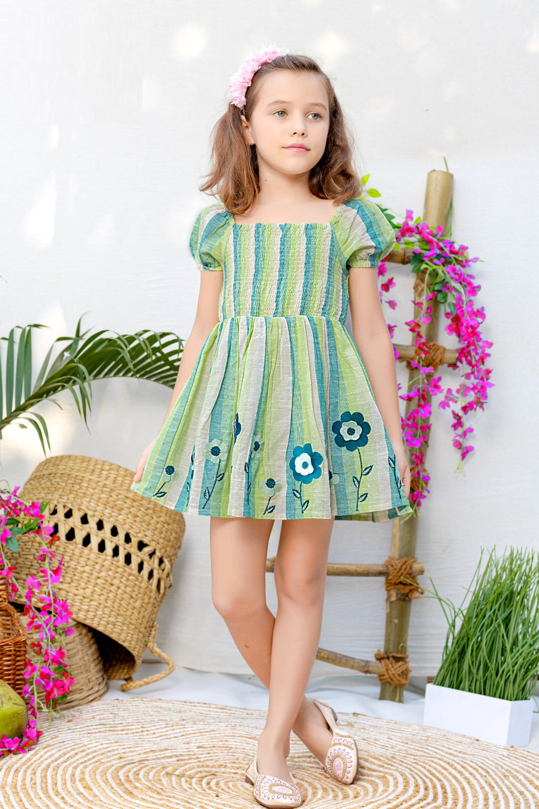 Green Cotton Striped Frock for Girls with Puff Sleeves & Floral Print –  Inayah Fashion