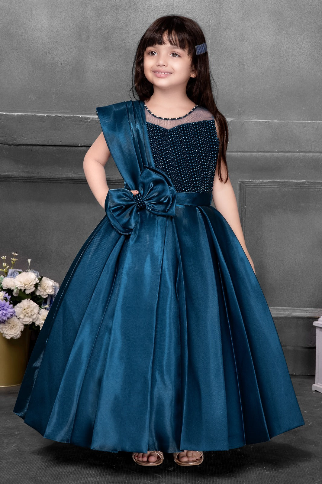 Elegant Blue Satin Party Gown for Girls with Bow and Dupatta Inayah Fashion Elegant Blue Satin Party Gown for Girls with Bow and Dupatta Inayah Fashion