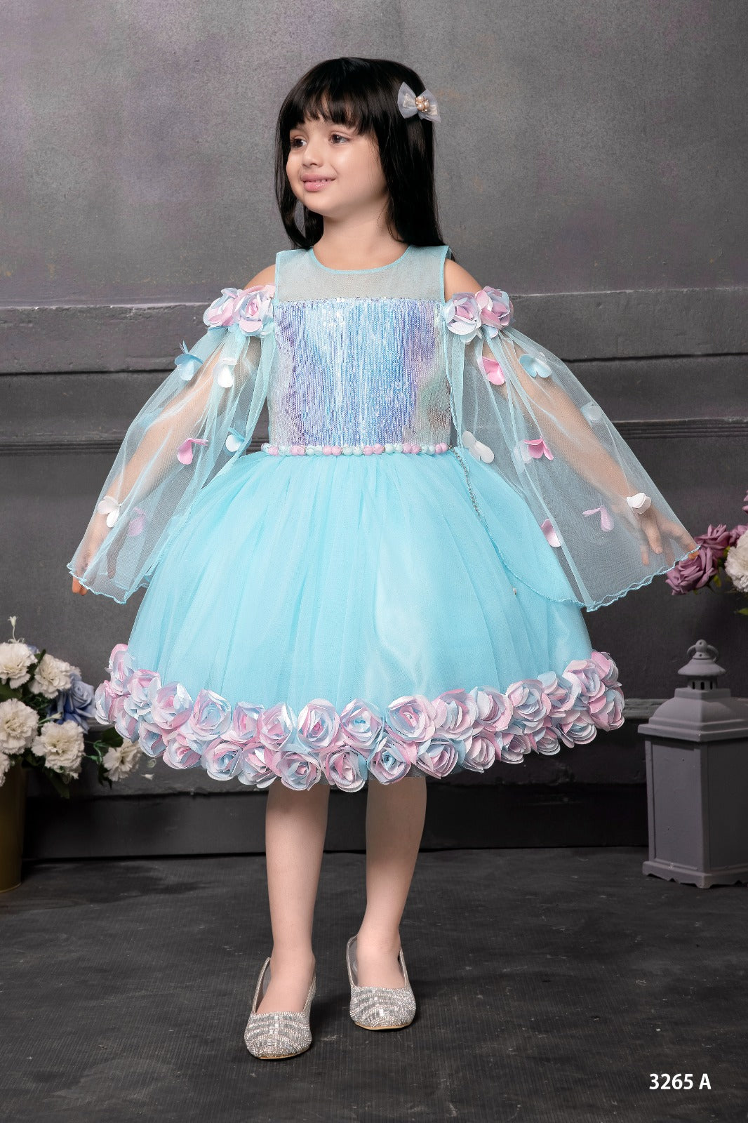 Aqua Dream Cold-Shoulder Tulle Dress with Floral Applique – Inayah Fashion