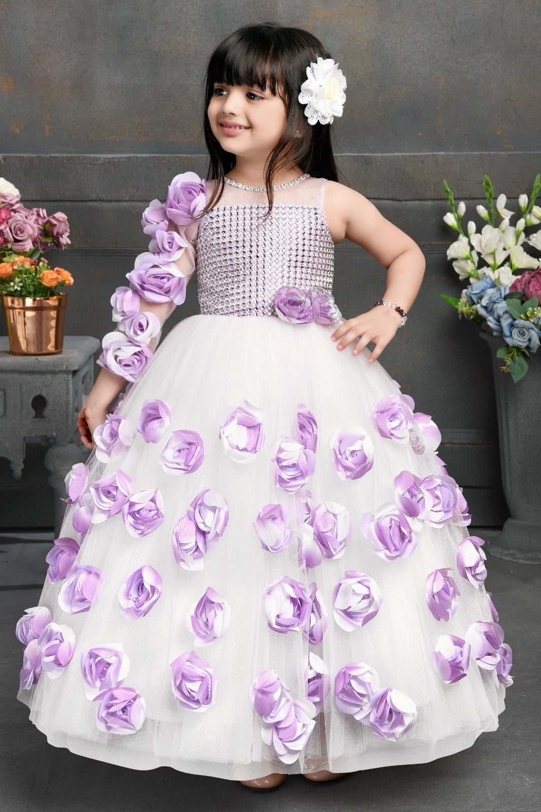 White and Lavender 3D Flower Ball Gown for Girls Inayah Fashion White and Lavender 3D Flower Ball Gown for Girls Inayah Fashion
