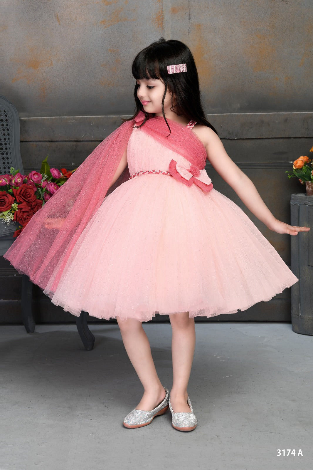 Peach Tulle Frock for Girls with Bow & Shoulder Drape – Inayah Fashion