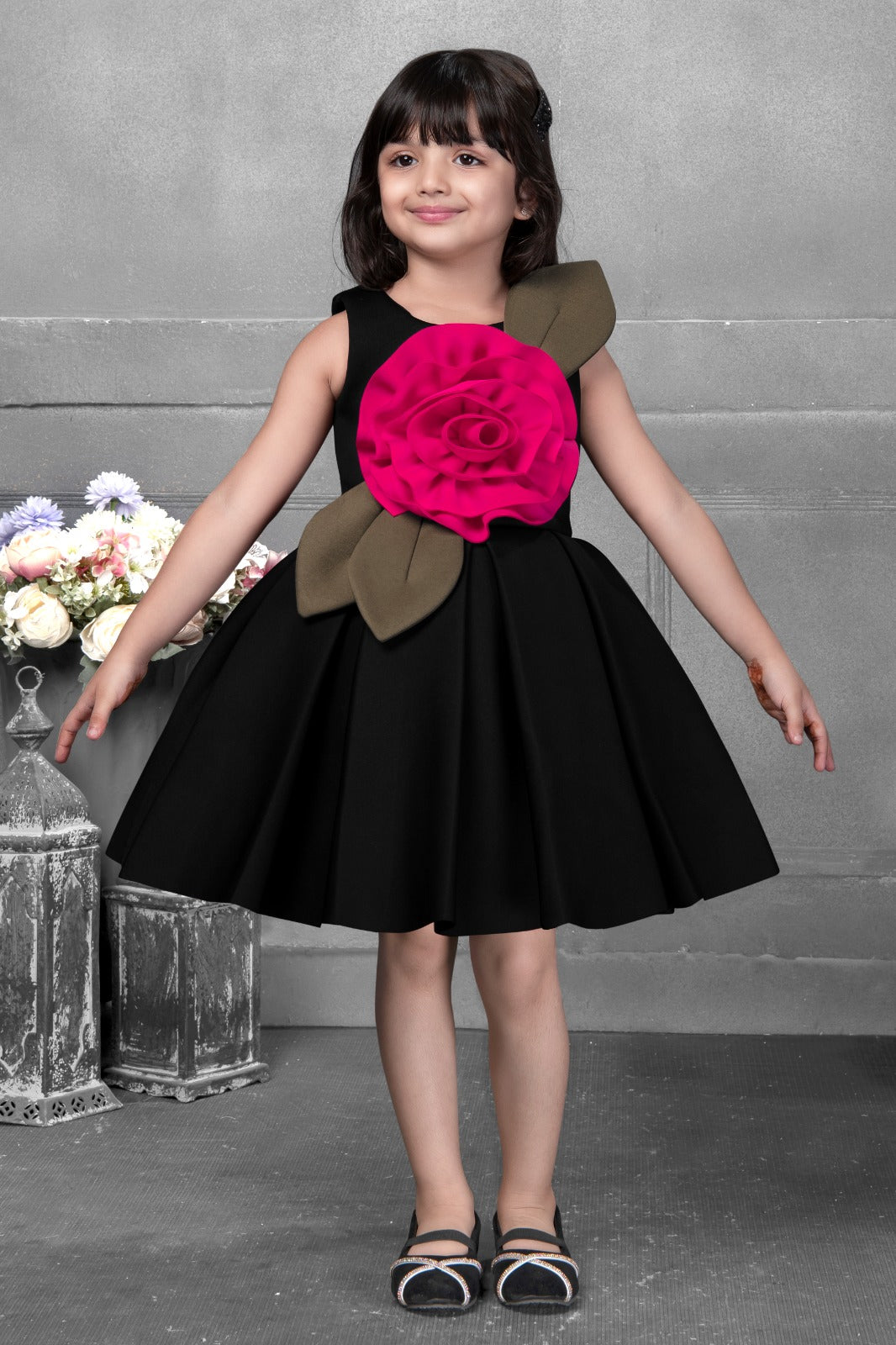 Elegant Bloom - Black Dress with Pink Floral Accent Inayah Fashion Elegant Bloom - Black Dress with Pink Floral Accent Inayah Fashion