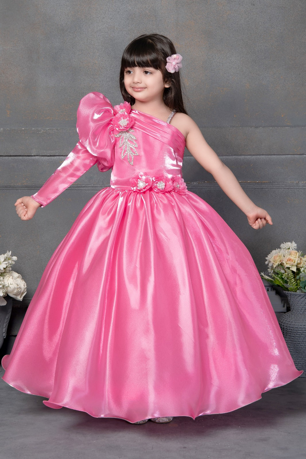 One-Shoulder Pink Gown for Girls with Floral Belt – Inayah Fashion