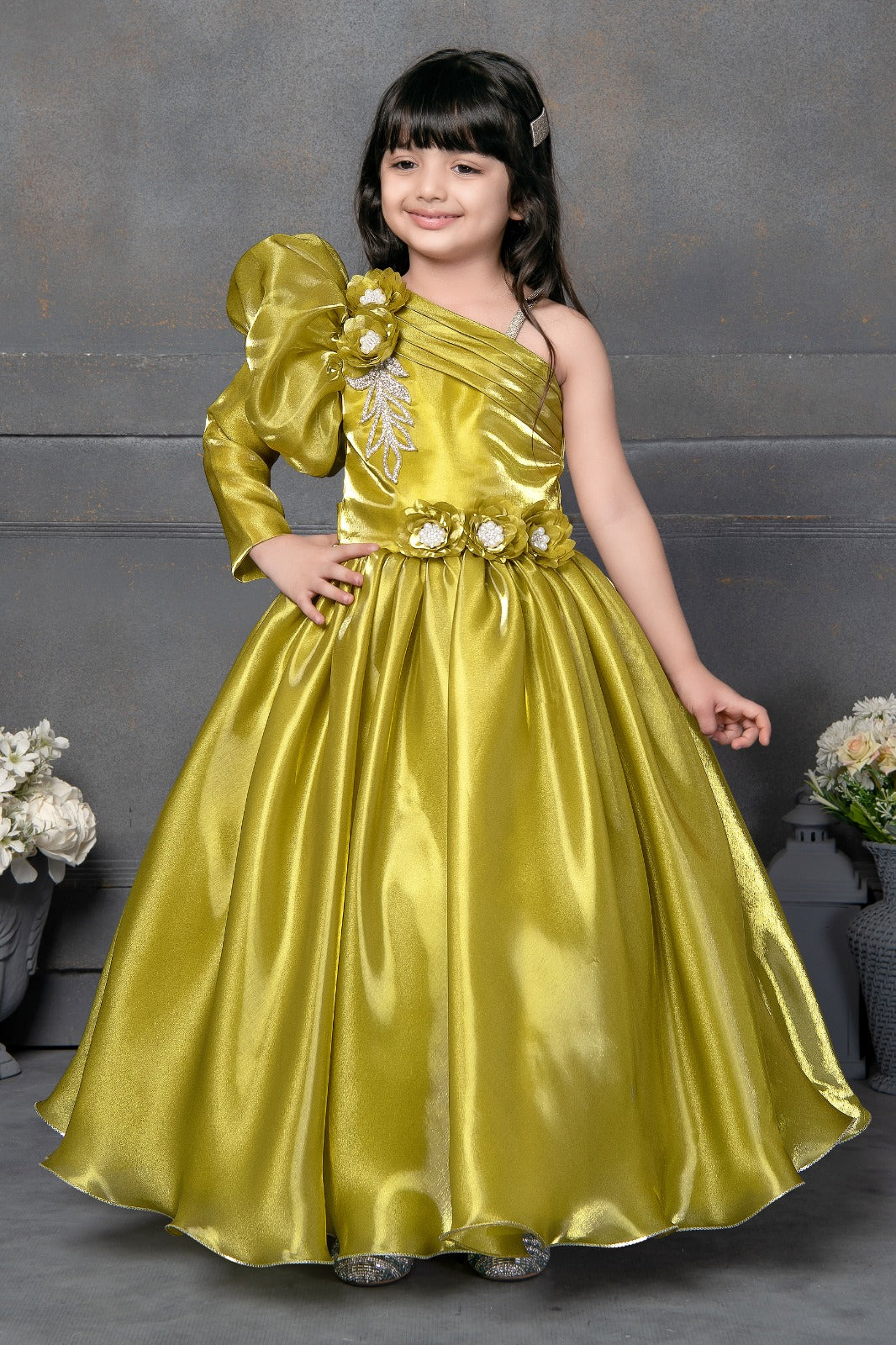 Golden Olive One-Sleeve Gown for Girls – Inayah Fashion