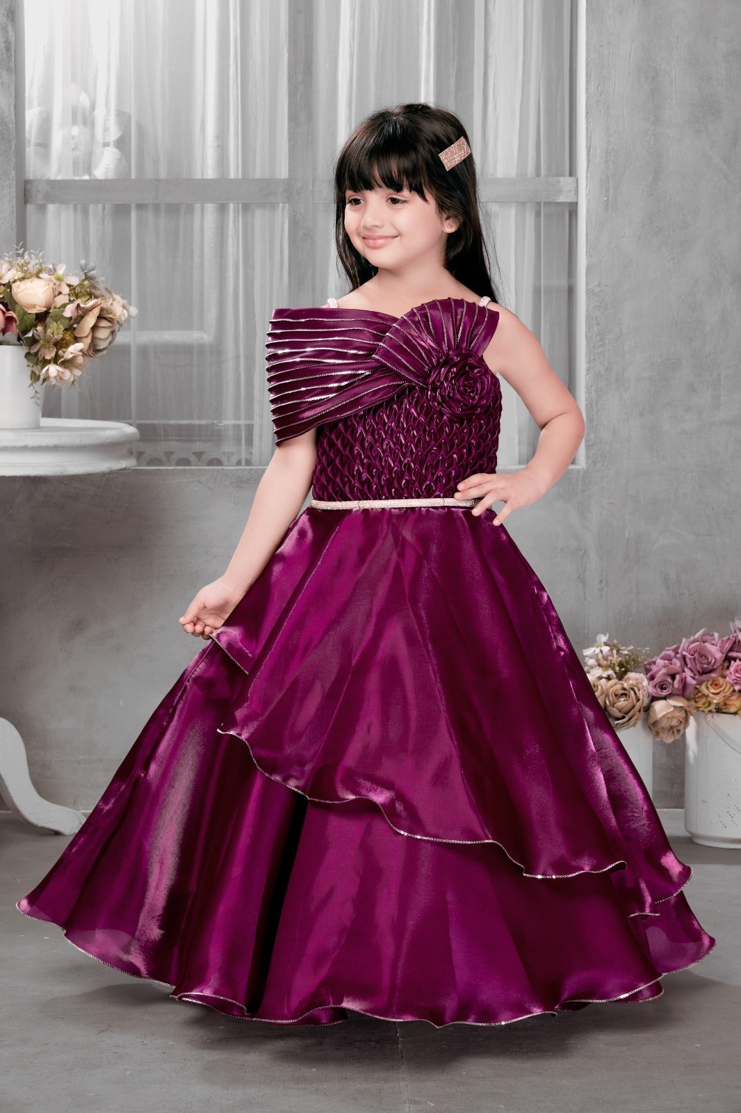 Buy Royal Wine Layered Designer Gown for Girls with Pleated Shoulder & Rosette – Elegant Floor-Length Gown Online in India – Inayah Fashion Buy Royal Wine Layered Designer Gown for Girls with Pleated Shoulder & Rosette – Elegant Floor-Length Gown Online in India – Inayah Fashion
