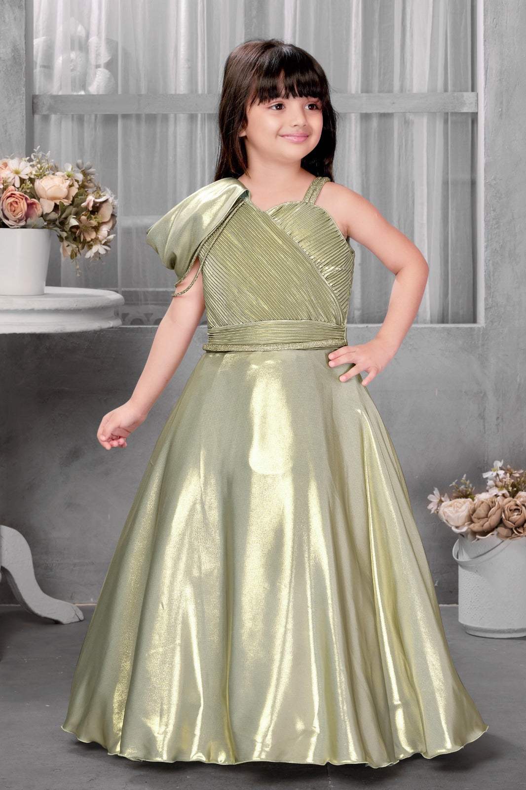 Shimmering Metallic Olive Green One-Shoulder Gown for Girls – Inayah Fashion