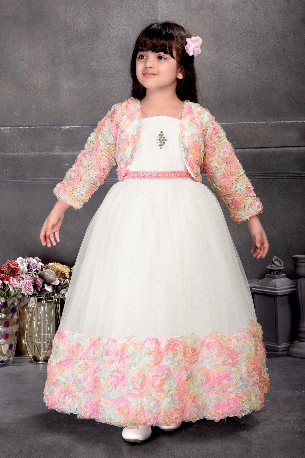 Pastel Floral Embroidered White Net Gown for Girls with Matching Jacket –  Elegant Full-Length Party Dress for Birthday