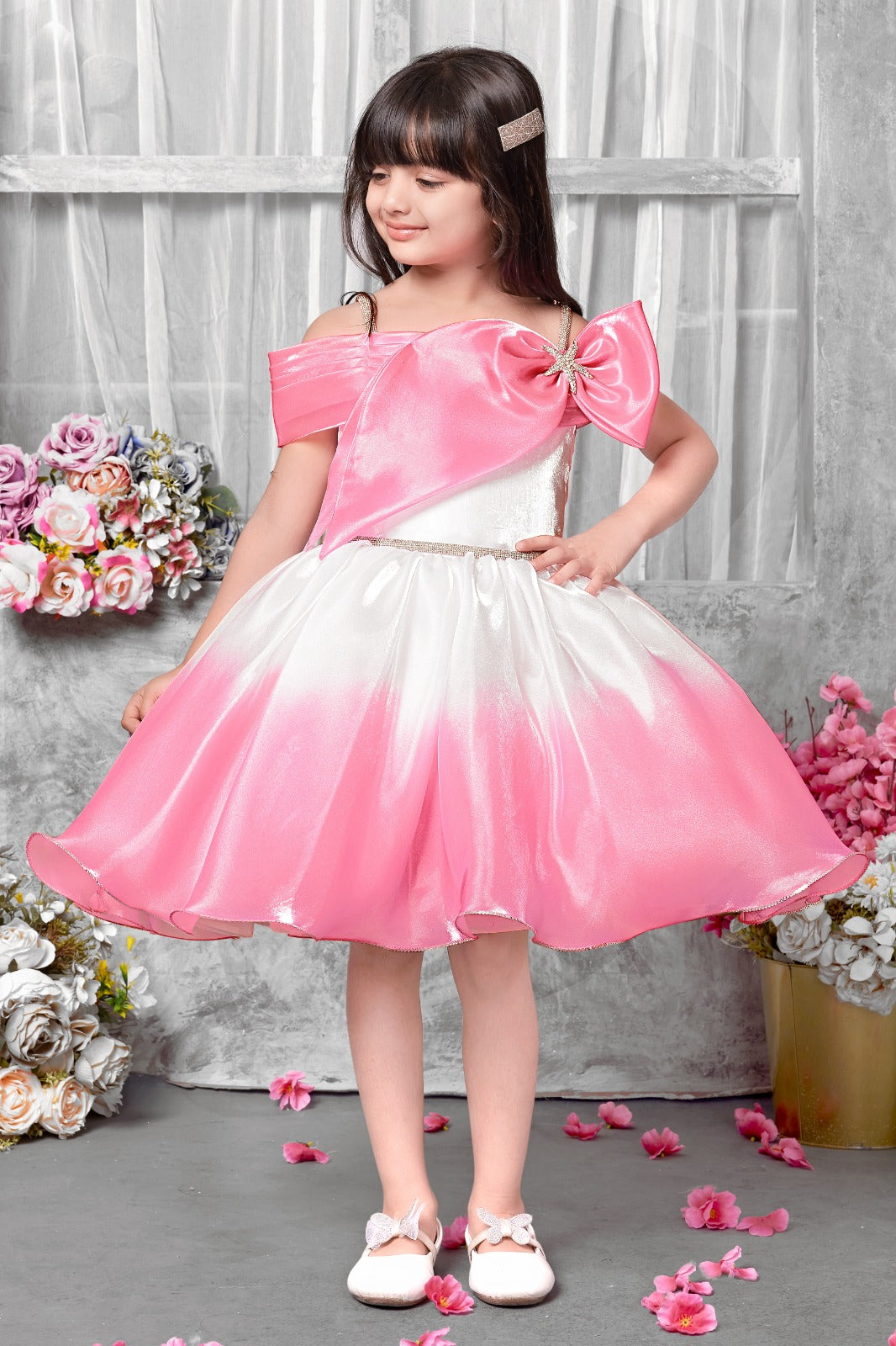 Elegant Pink & White Ombre Satin Off-Shoulder Frock with Crystal Bow – Birthday & Party Wear Dress for Girls