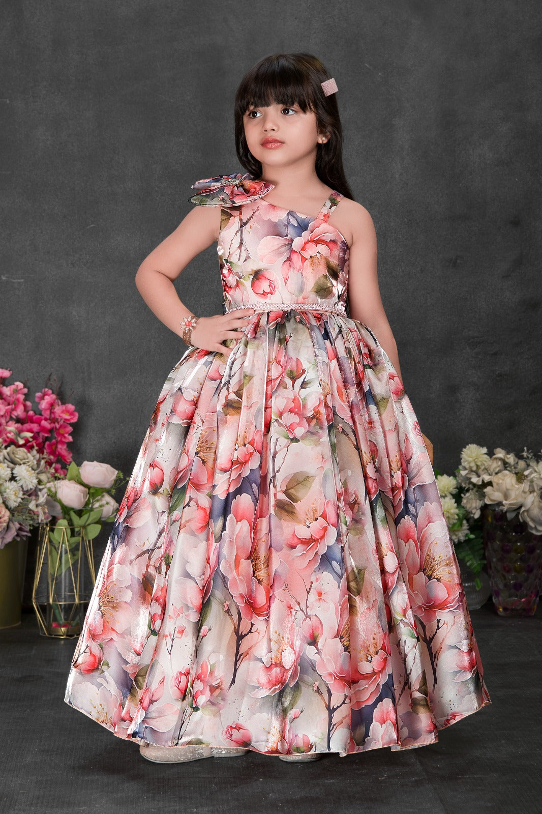 Blossom Garden One-Shoulder Floral Gown for Girls-Birthday dress for g   Inayah Fashion