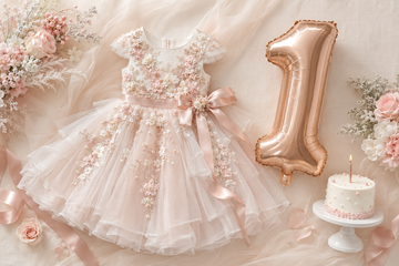 First birthday party outfits for baby girls - festive gowns and frocks by Inayah Fashion