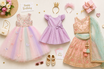 A flat lay of girls birthday dresses including a princess gown, party frock, and lehenga set.