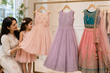 Mother comparing a pastel party frock, a full-length gown, and a festive outfit for a young girl indoors.