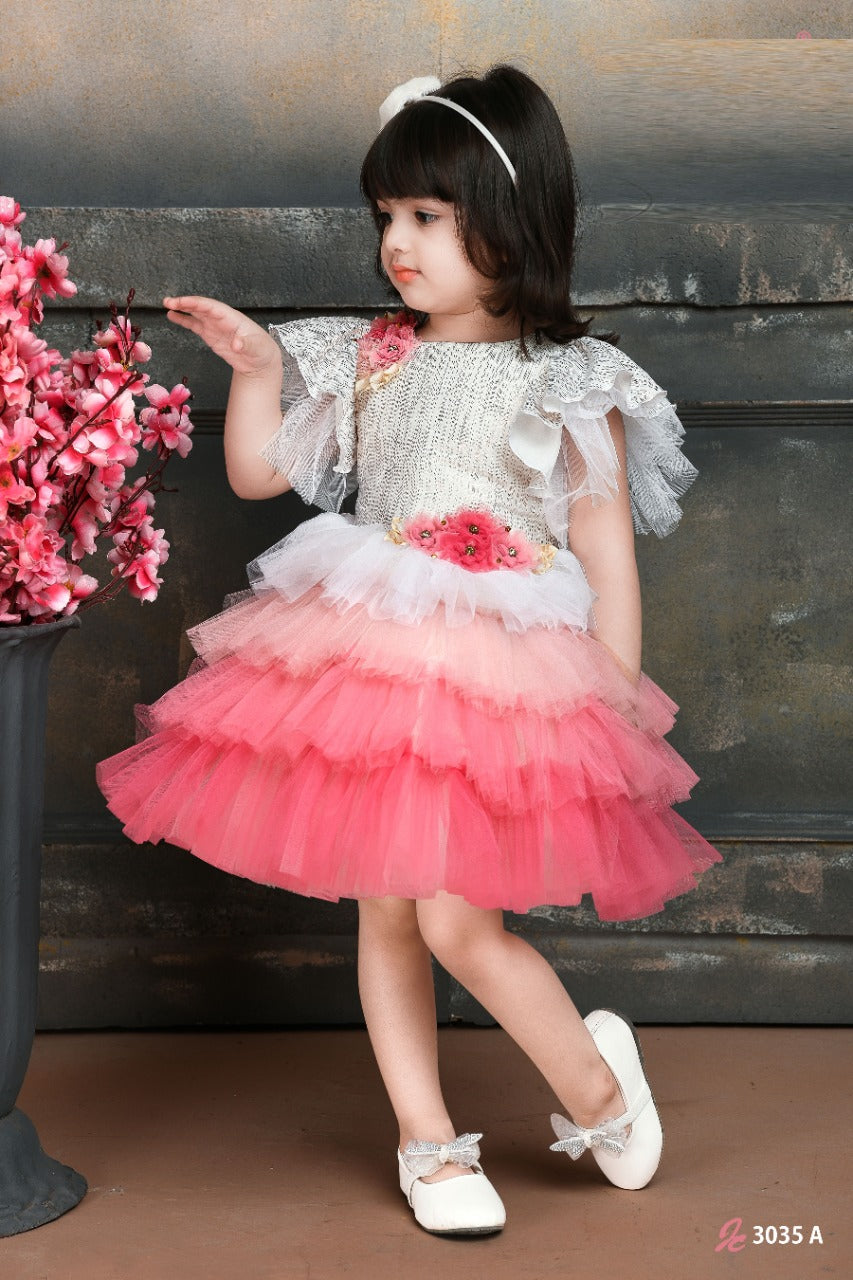 Pink Ombre Ruffle Party Frock with Floral Detailing for Girls - Inayah Fashion