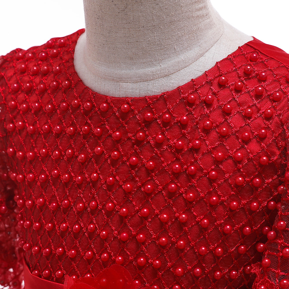 Red party dress for girls with net sleeves, floral waist, and sparkling tulle skirt – additional view