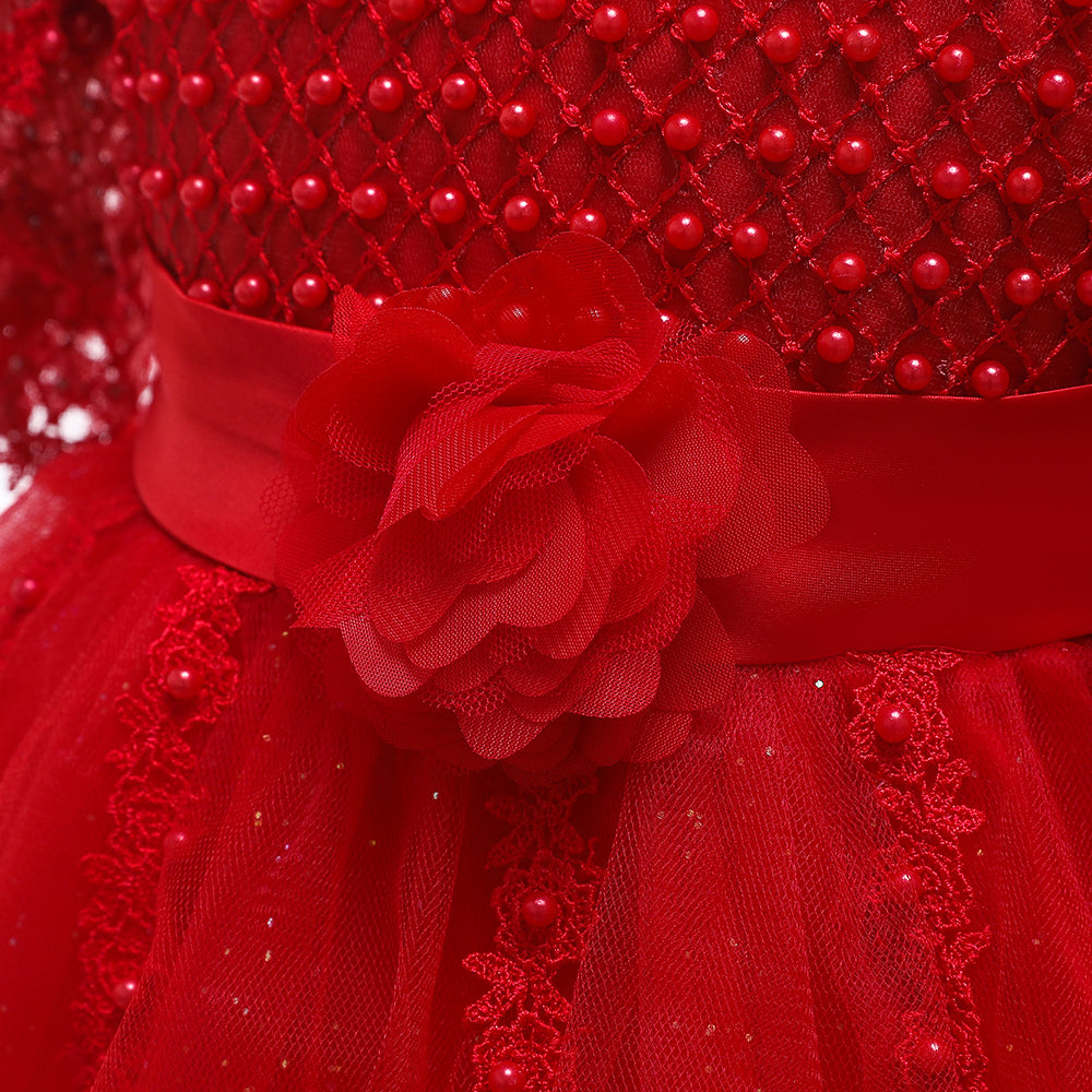 Red party dress for girls with net sleeves, floral waist, and sparkling tulle skirt – additional view