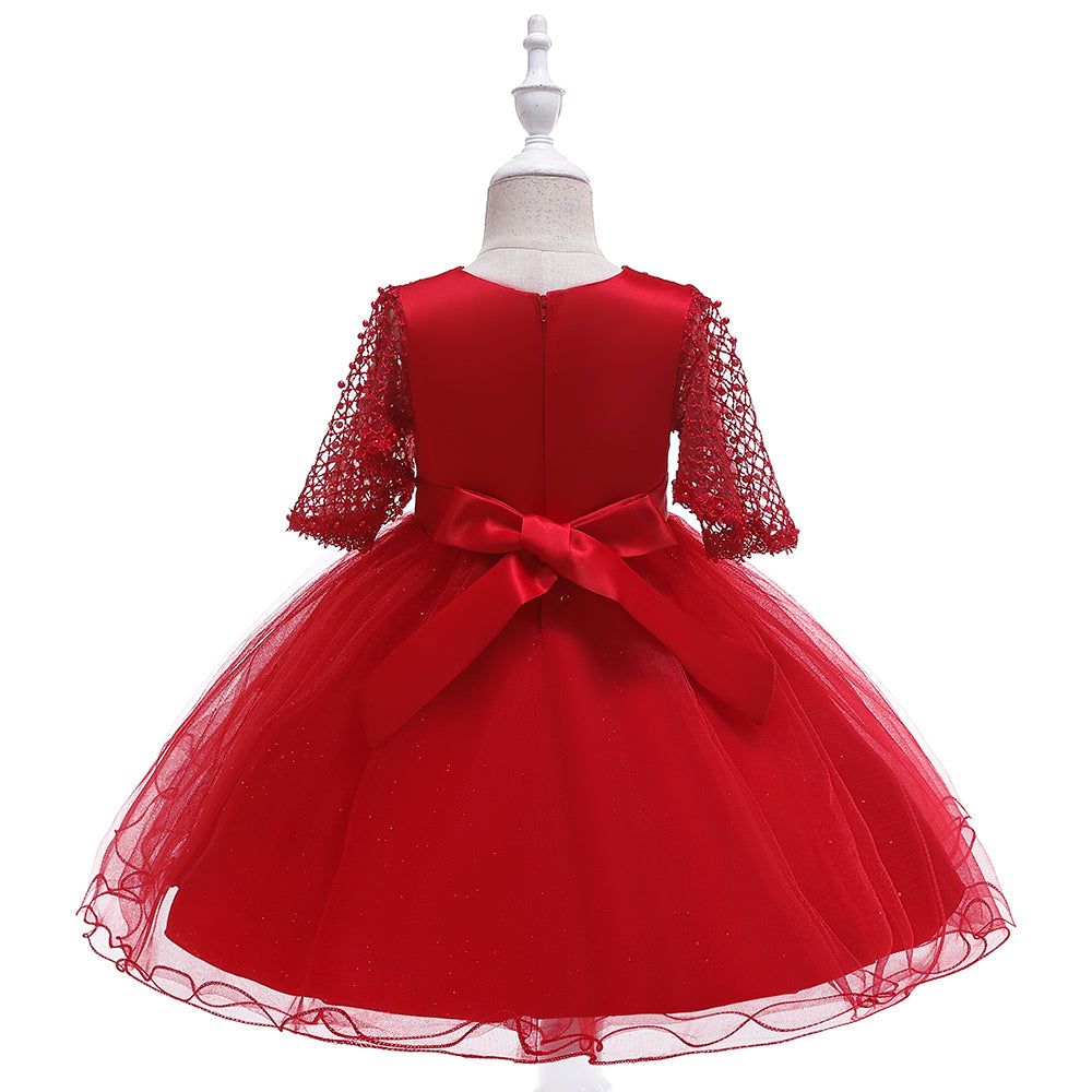 Gorgeous Red Party Dress for Girls with Net Sleeves, Floral Waist Detail & Sparkling Tulle Skirt - Inayah Fashion