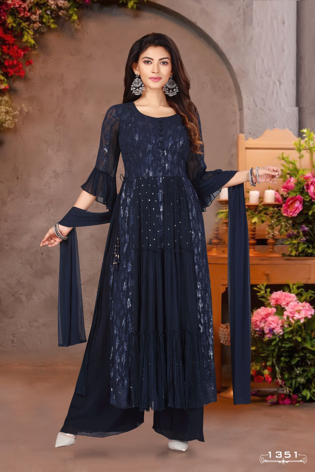 Elegant Navy Blue Embroidered Georgette Kurta Set with Palazzo and Dupatta | Designer Bell Sleeves Ethnic - Inayah Fashion
