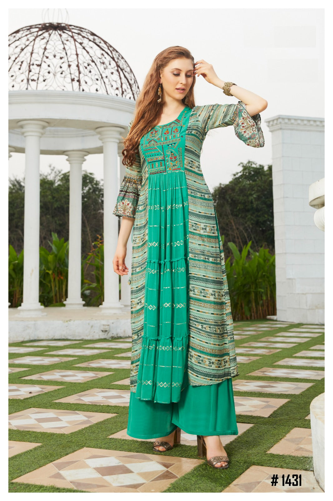 Teal green printed kurta set with palazzo and mirror-embellished yoke for women
