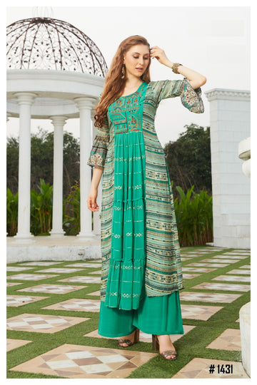Teal Green Printed Kurta Set with Palazzo | Mirror Embellished Yoke & Bell Sleeves | Boho Ethnic Wear for Women - Inayah Fashion